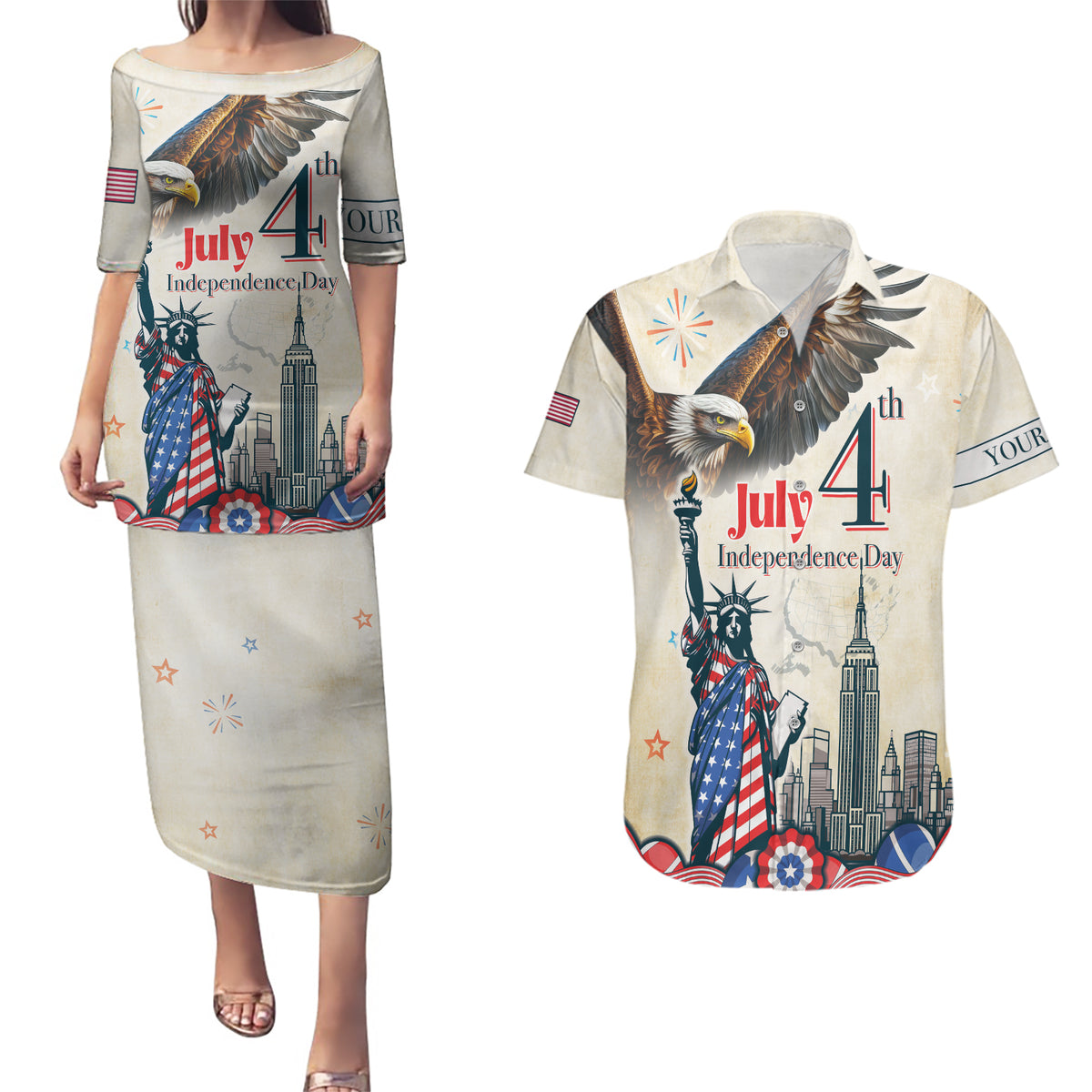 Personalised United States Independence Day Couples Matching Puletasi and Hawaiian Shirt Freedom 4th Of July Beige Version LT05 - Wonder Print Shop