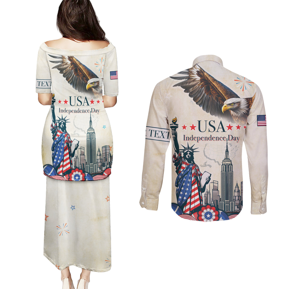 Personalised United States Independence Day Couples Matching Puletasi and Long Sleeve Button Shirt Freedom 4th Of July Beige Version LT05 - Wonder Print Shop