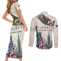 Personalised United States Independence Day Couples Matching Short Sleeve Bodycon Dress and Long Sleeve Button Shirt Freedom 4th Of July Beige Version LT05 - Wonder Print Shop