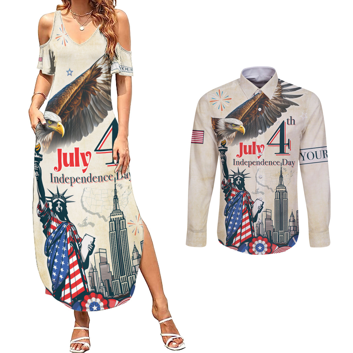 Personalised United States Independence Day Couples Matching Summer Maxi Dress and Long Sleeve Button Shirt Freedom 4th Of July Beige Version LT05 - Wonder Print Shop