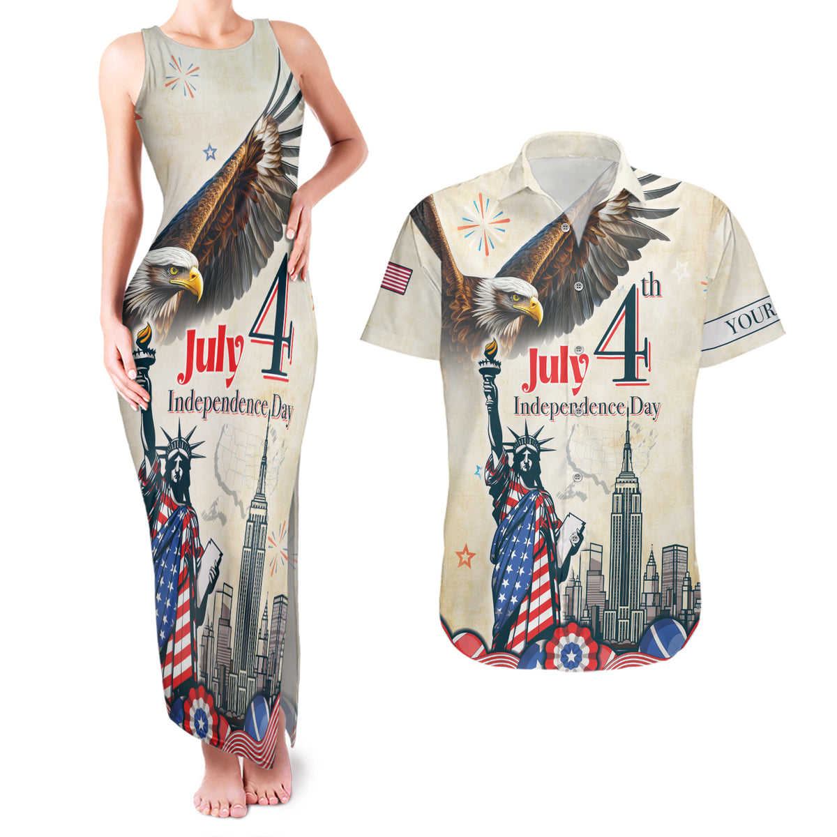 Personalised United States Independence Day Couples Matching Tank Maxi Dress and Hawaiian Shirt Freedom 4th Of July Beige Version LT05 - Wonder Print Shop