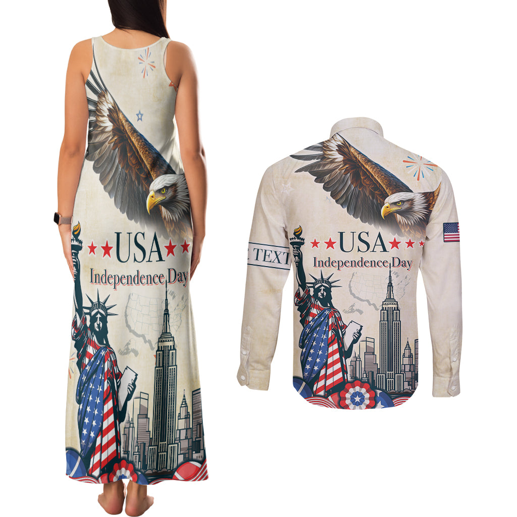 Personalised United States Independence Day Couples Matching Tank Maxi Dress and Long Sleeve Button Shirt Freedom 4th Of July Beige Version LT05 - Wonder Print Shop
