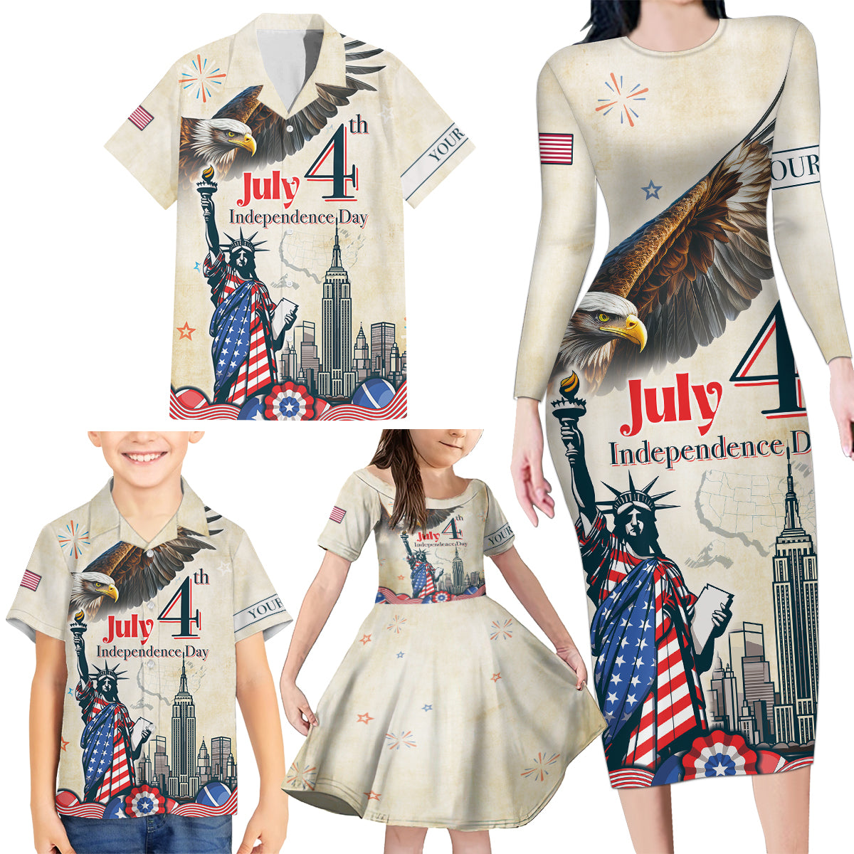 Personalised United States Independence Day Family Matching Long Sleeve Bodycon Dress and Hawaiian Shirt Freedom 4th Of July Beige Version LT05 - Wonder Print Shop