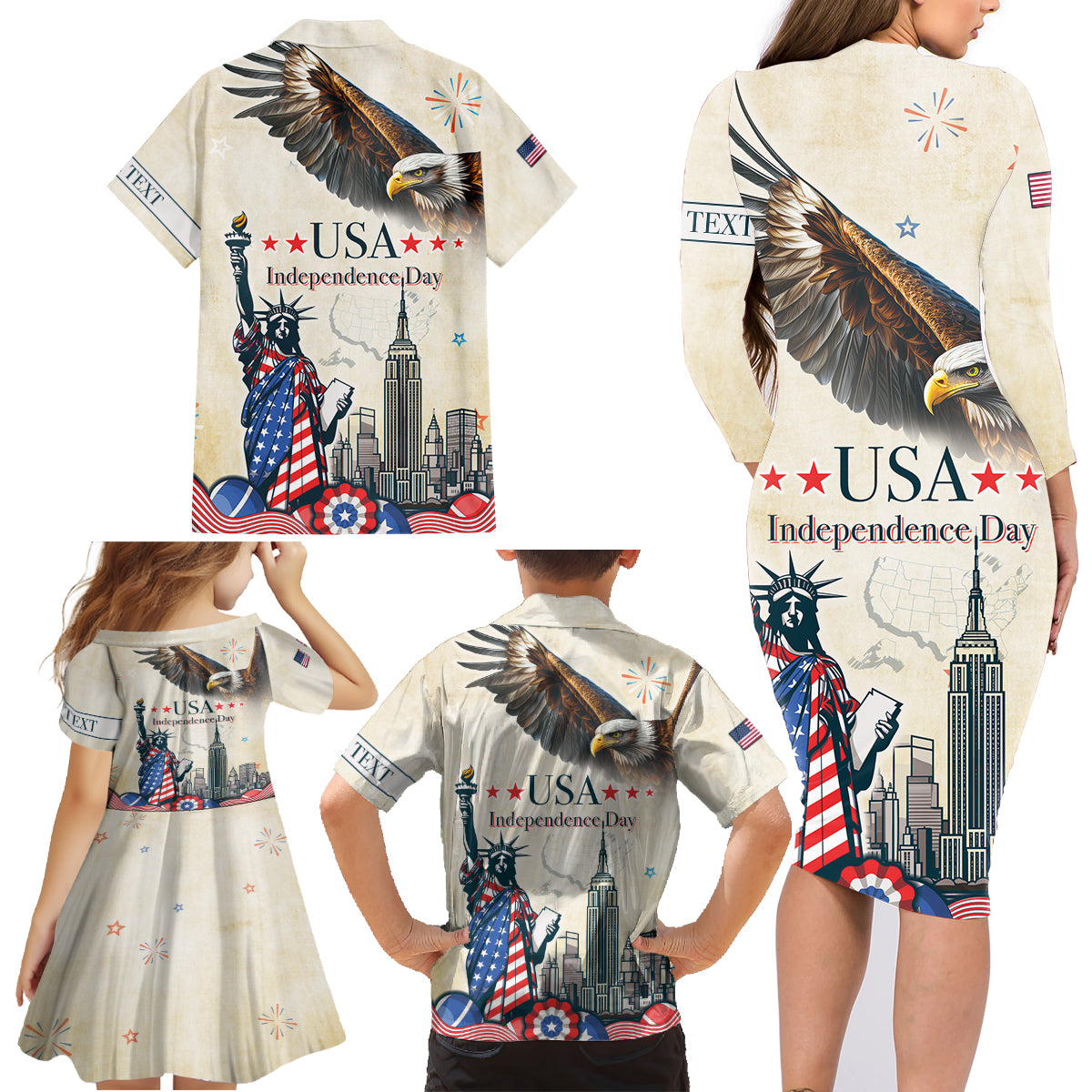 Personalised United States Independence Day Family Matching Long Sleeve Bodycon Dress and Hawaiian Shirt Freedom 4th Of July Beige Version LT05 - Wonder Print Shop