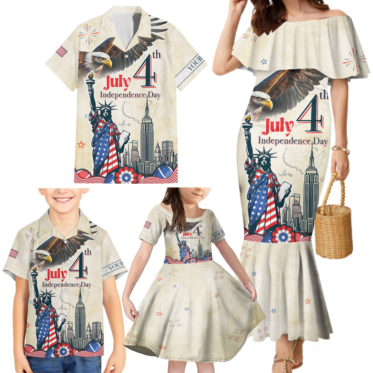 Personalised United States Independence Day Family Matching Mermaid Dress and Hawaiian Shirt Freedom 4th Of July Beige Version LT05 - Wonder Print Shop
