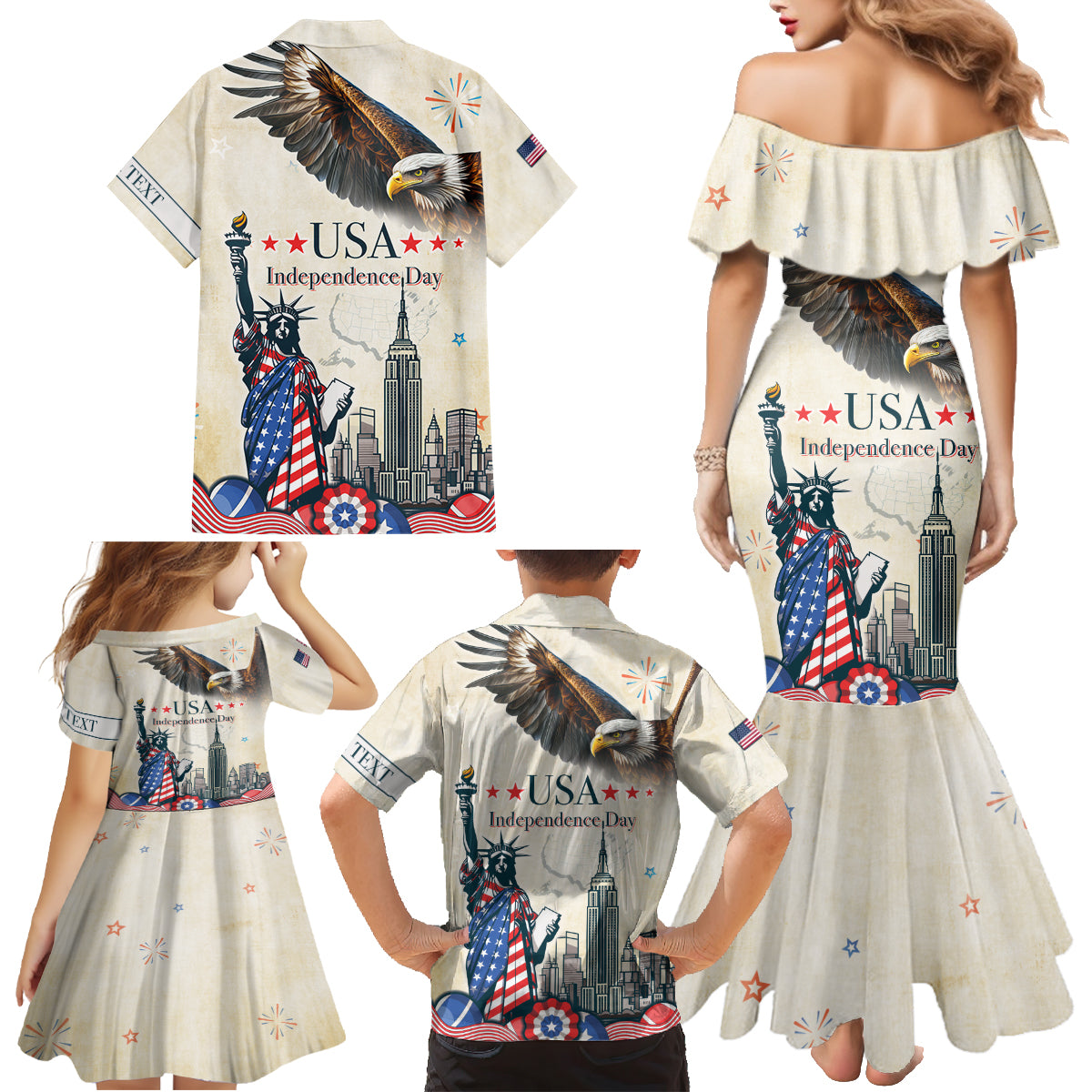 Personalised United States Independence Day Family Matching Mermaid Dress and Hawaiian Shirt Freedom 4th Of July Beige Version LT05 - Wonder Print Shop