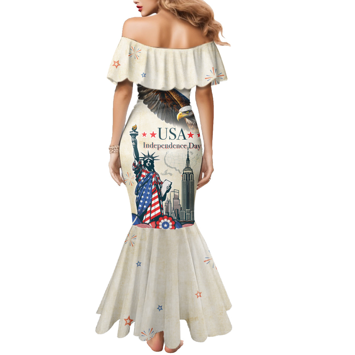 Personalised United States Independence Day Family Matching Mermaid Dress and Hawaiian Shirt Freedom 4th Of July Beige Version LT05 - Wonder Print Shop