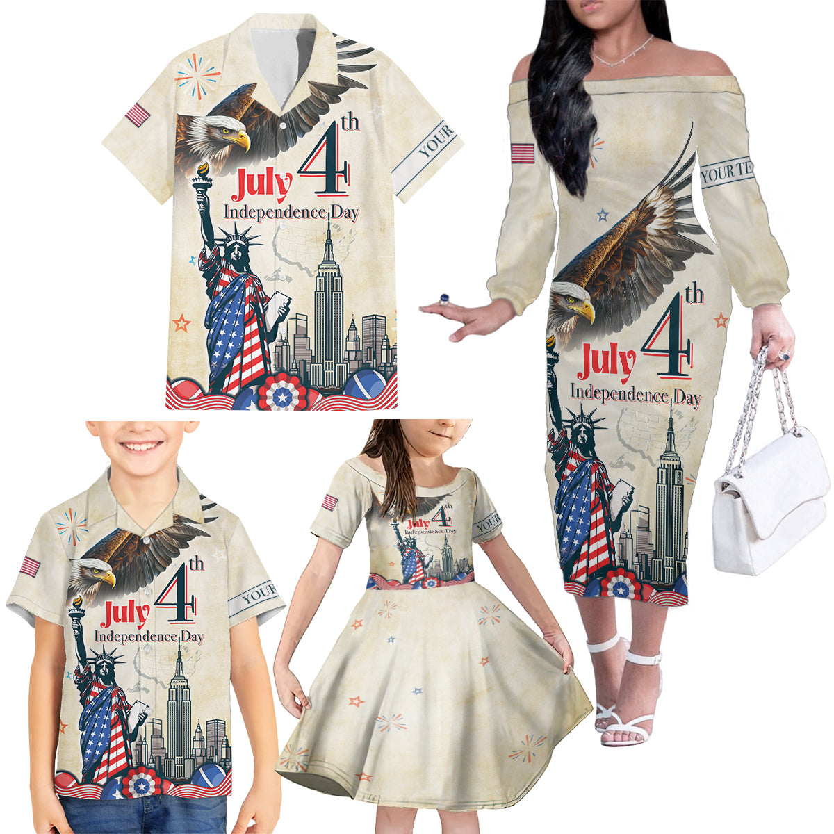 Personalised United States Independence Day Family Matching Off The Shoulder Long Sleeve Dress and Hawaiian Shirt Freedom 4th Of July Beige Version LT05 - Wonder Print Shop