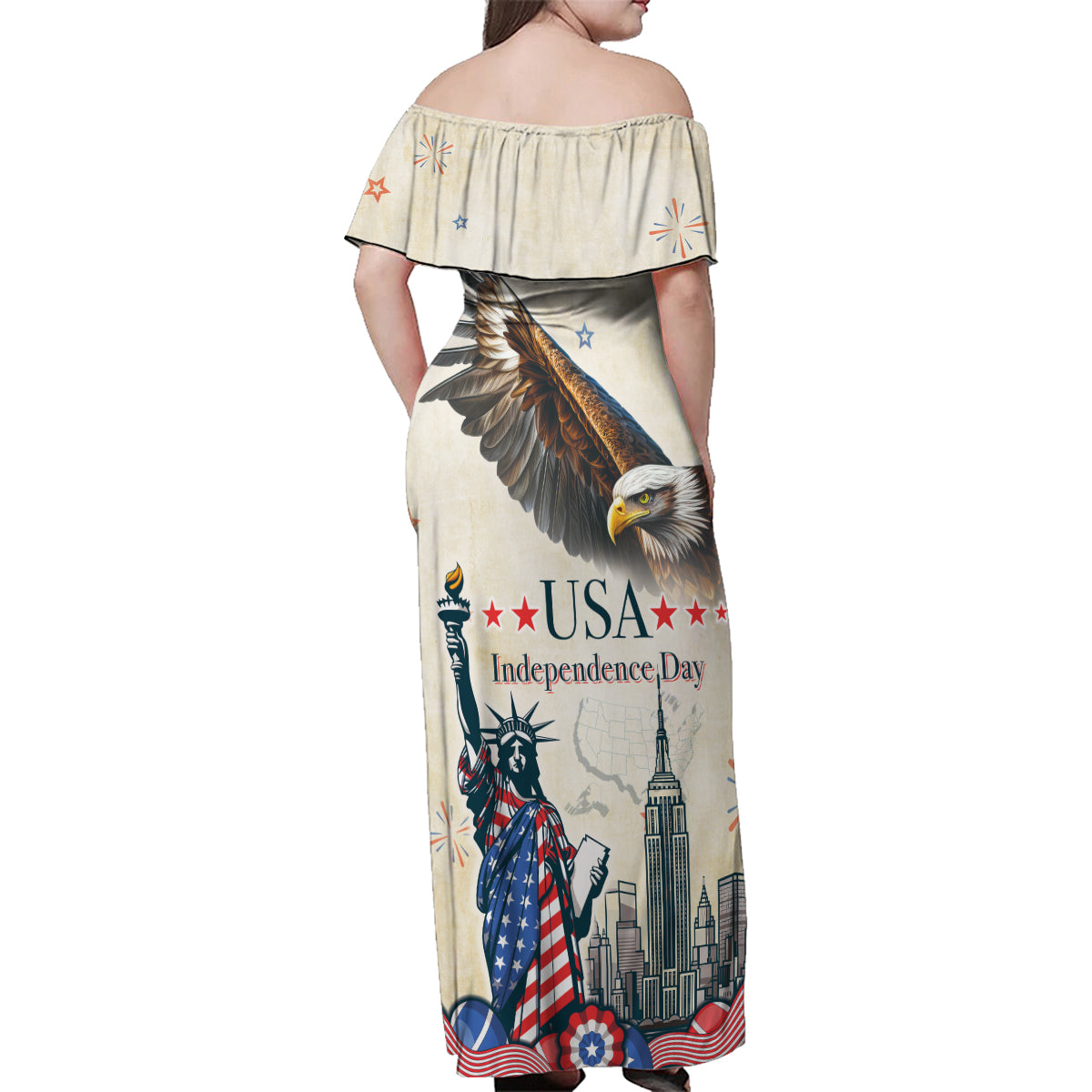 Personalised United States Independence Day Family Matching Off Shoulder Maxi Dress and Hawaiian Shirt Freedom 4th Of July Beige Version LT05 - Wonder Print Shop