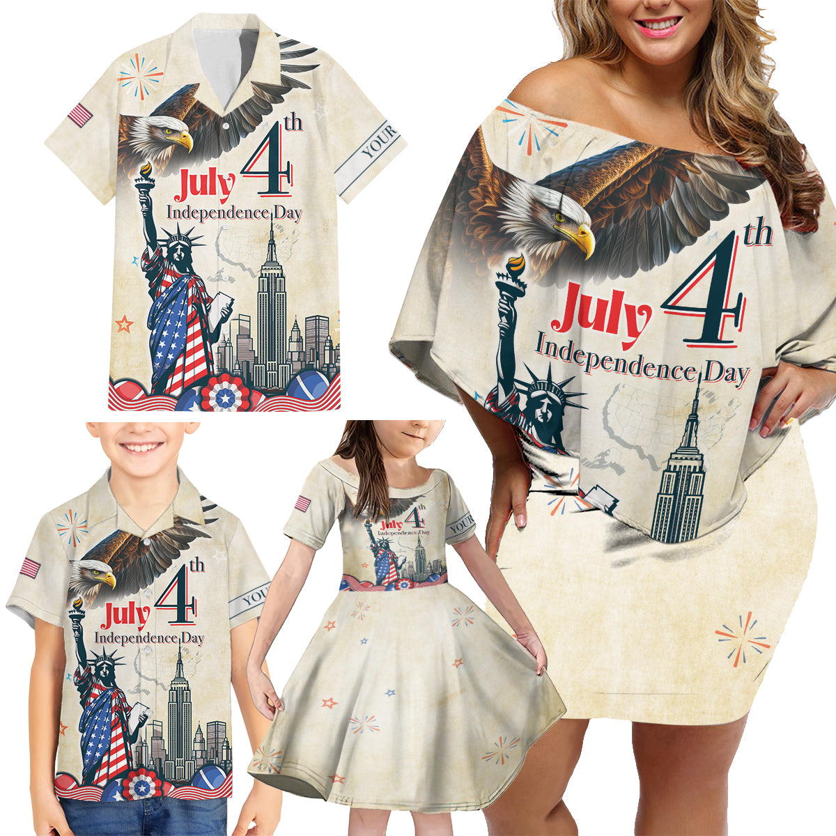 Personalised United States Independence Day Family Matching Off Shoulder Short Dress and Hawaiian Shirt Freedom 4th Of July Beige Version LT05 - Wonder Print Shop