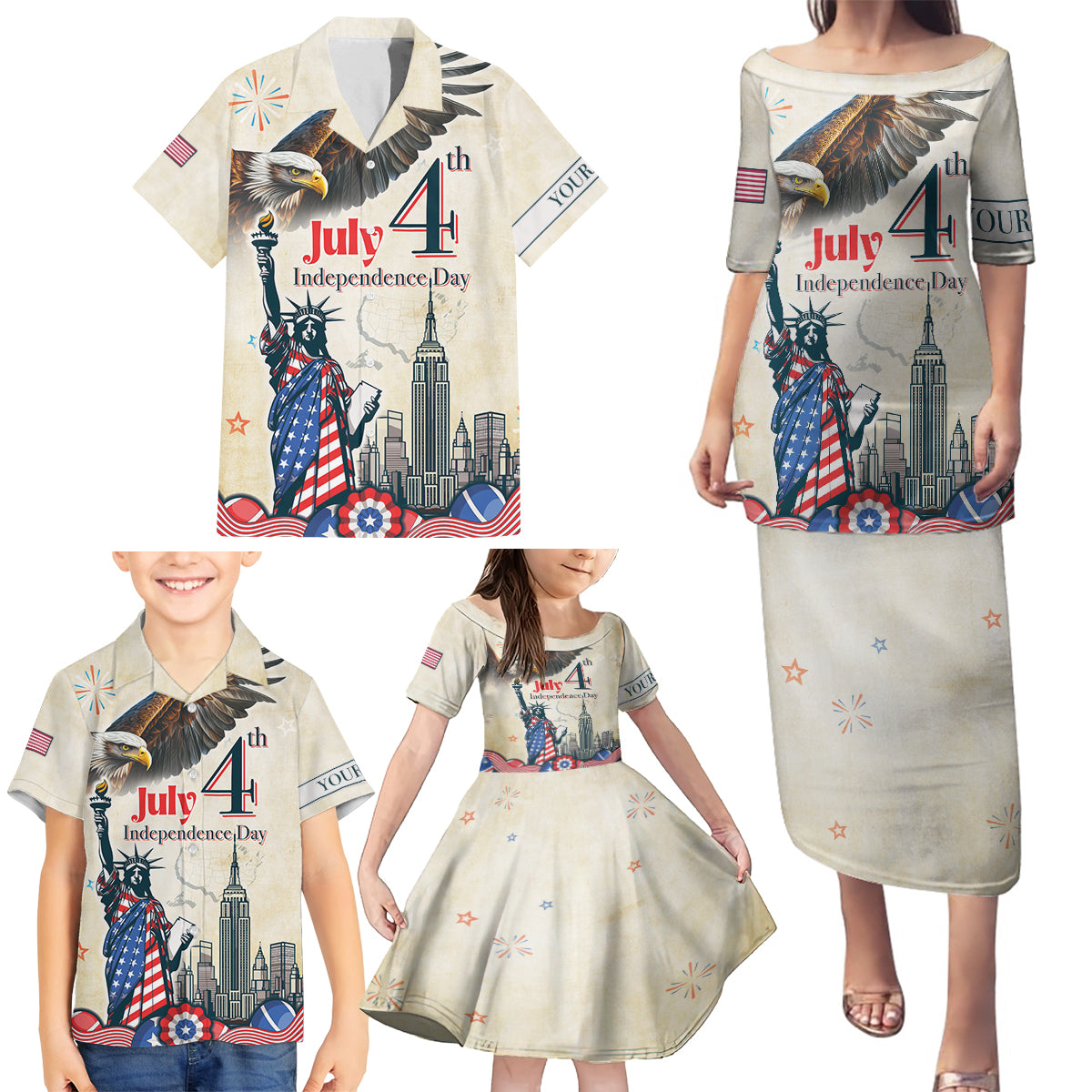 Personalised United States Independence Day Family Matching Puletasi and Hawaiian Shirt Freedom 4th Of July Beige Version LT05 - Wonder Print Shop