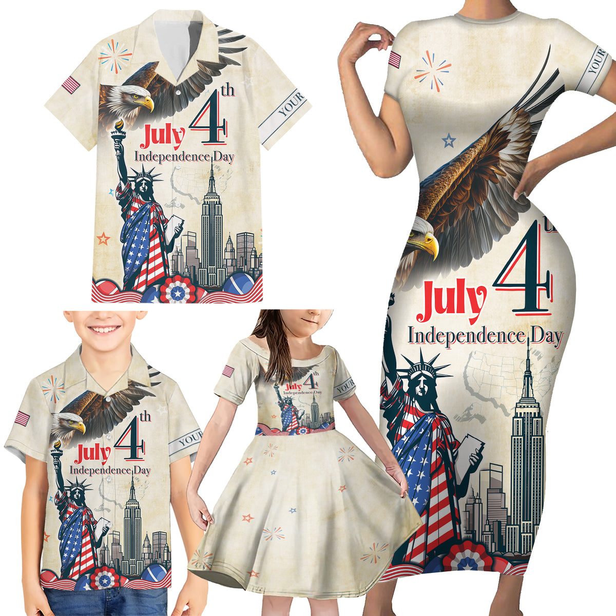 Personalised United States Independence Day Family Matching Short Sleeve Bodycon Dress and Hawaiian Shirt Freedom 4th Of July Beige Version LT05 - Wonder Print Shop