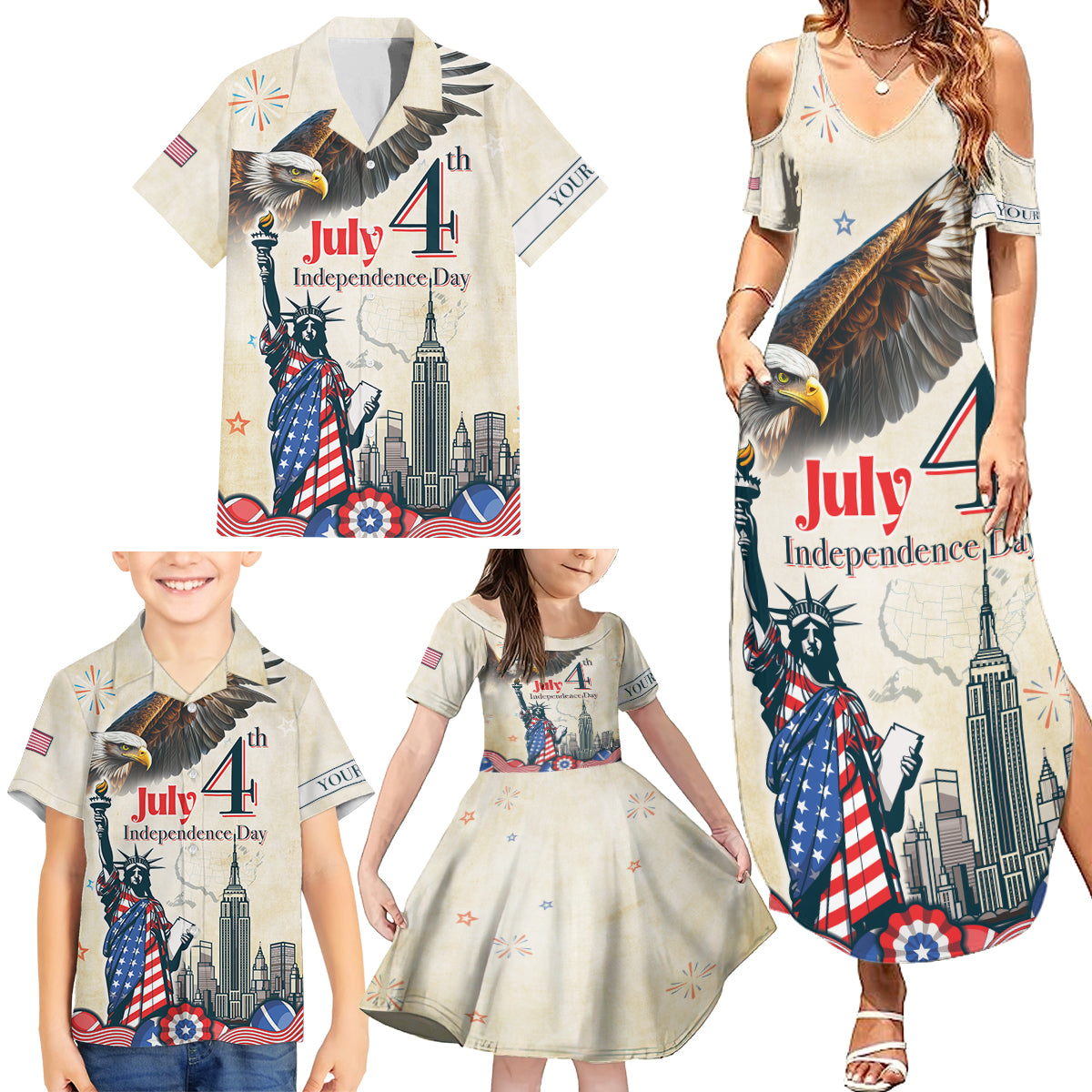 Personalised United States Independence Day Family Matching Summer Maxi Dress and Hawaiian Shirt Freedom 4th Of July Beige Version LT05 - Wonder Print Shop