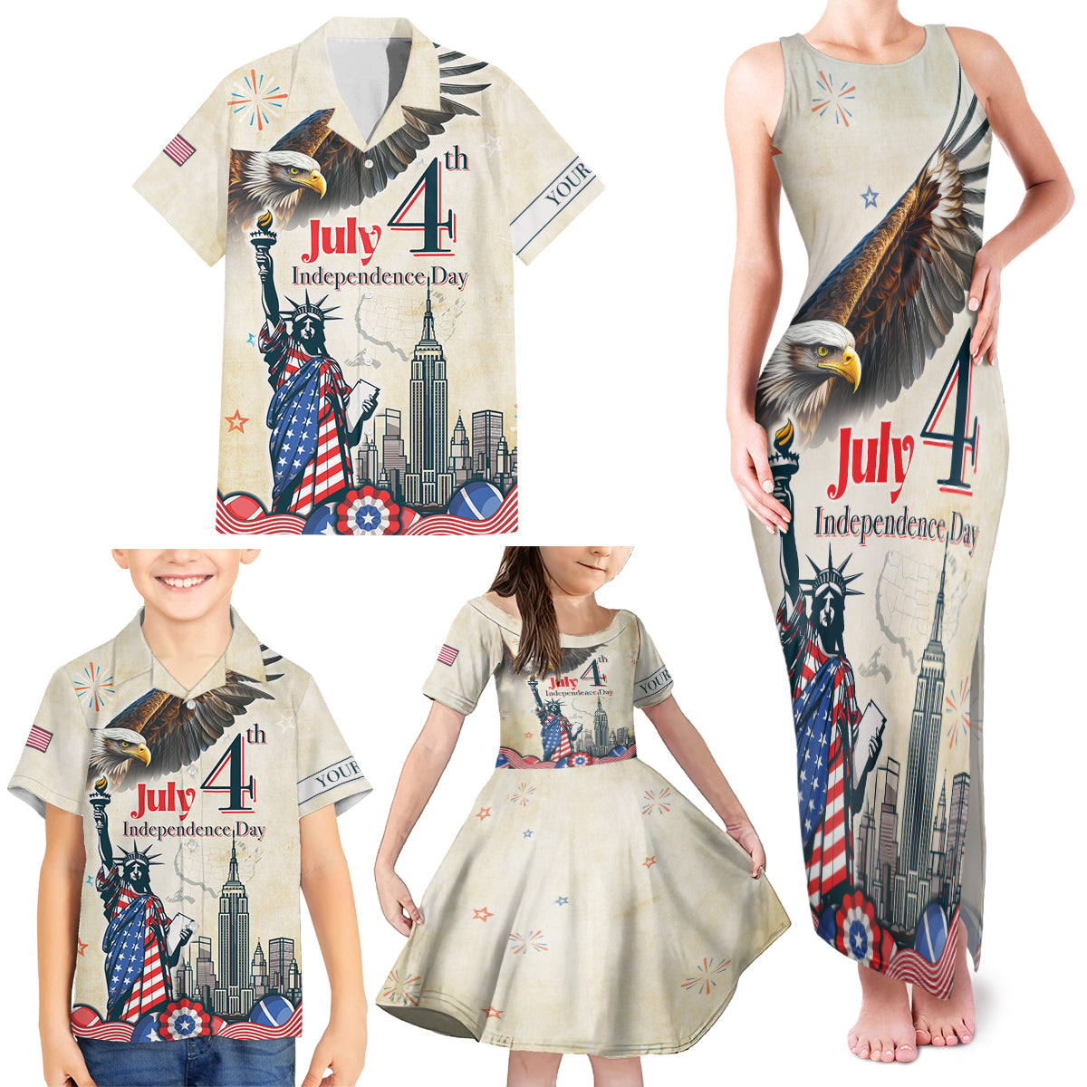 Personalised United States Independence Day Family Matching Tank Maxi Dress and Hawaiian Shirt Freedom 4th Of July Beige Version LT05 - Wonder Print Shop