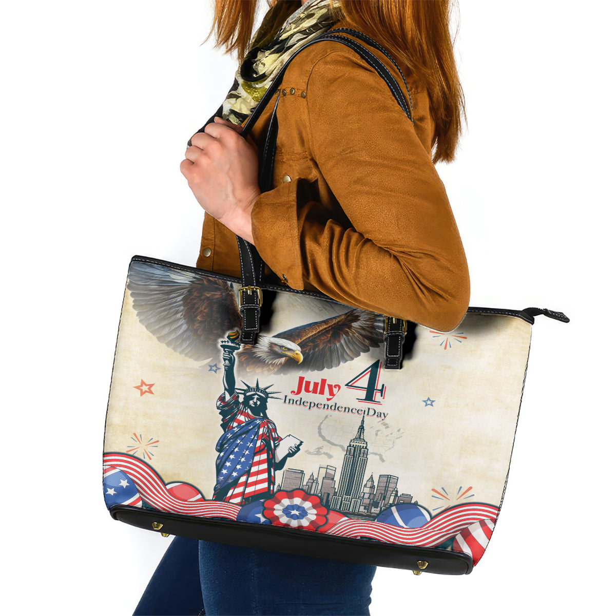 United States Independence Day Leather Tote Bag Freedom 4th Of July Beige Version LT05 - Wonder Print Shop