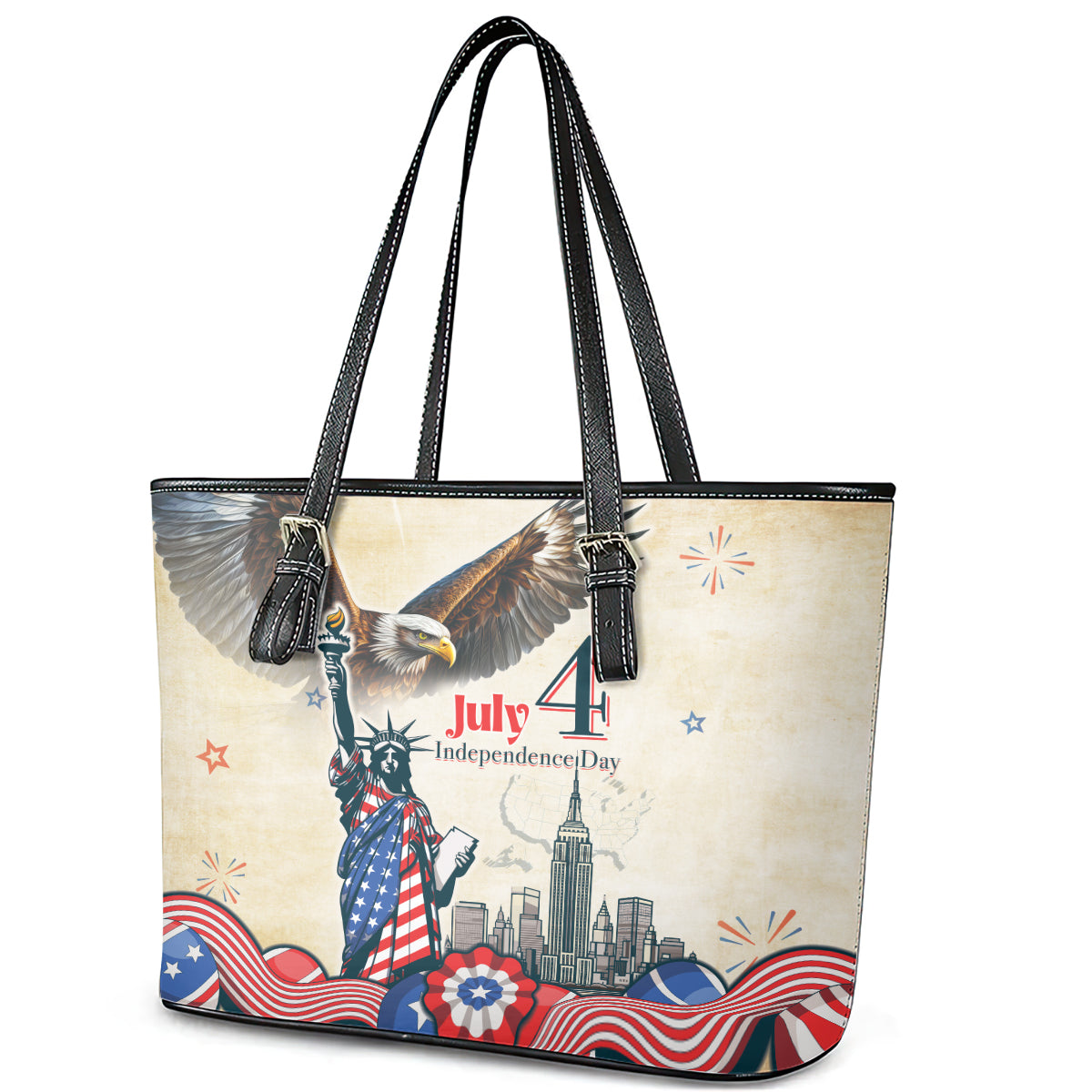 United States Independence Day Leather Tote Bag Freedom 4th Of July Beige Version LT05 - Wonder Print Shop
