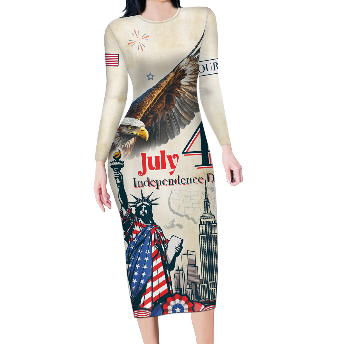 Personalised United States Independence Day Long Sleeve Bodycon Dress Freedom 4th Of July Beige Version LT05 - Wonder Print Shop