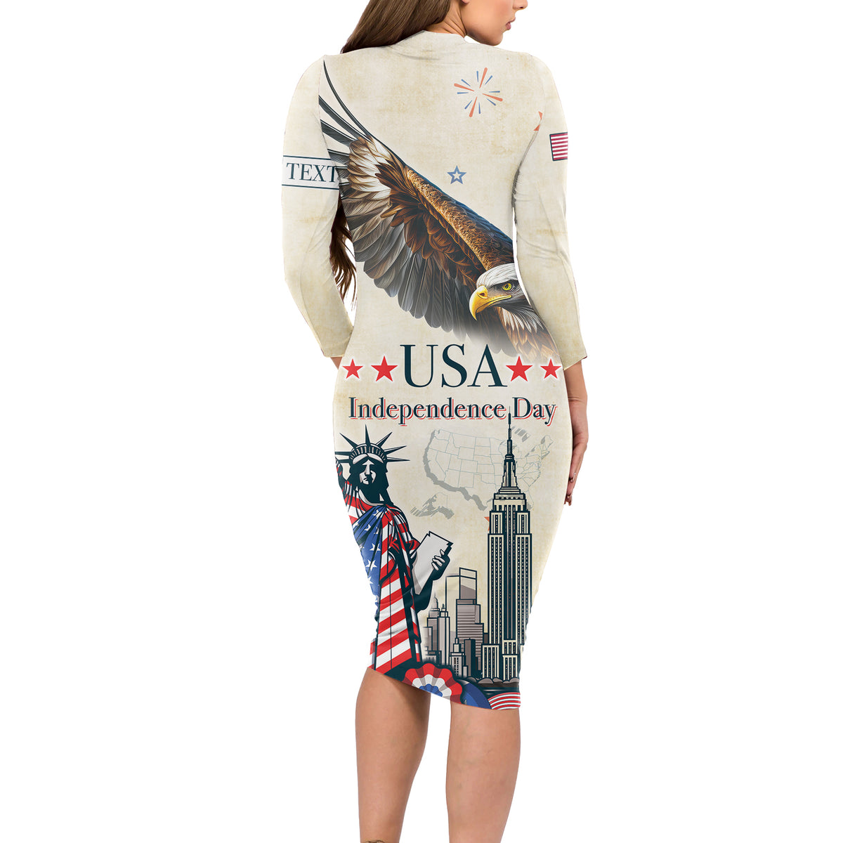Personalised United States Independence Day Long Sleeve Bodycon Dress Freedom 4th Of July Beige Version LT05 - Wonder Print Shop
