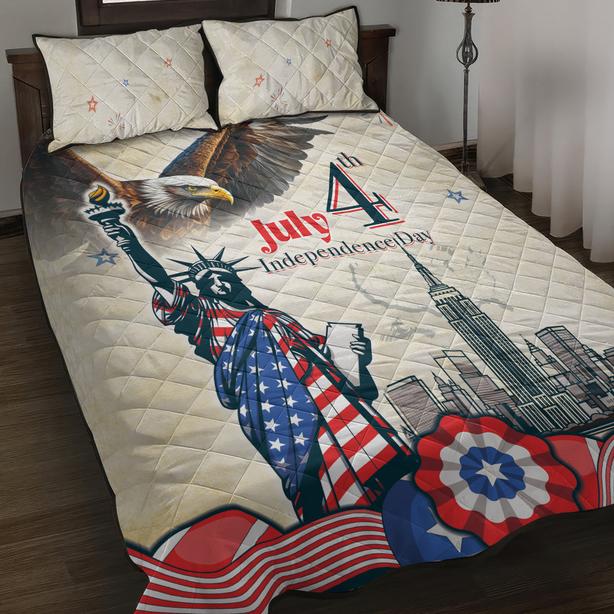 United States Independence Day Quilt Bed Set Freedom 4th Of July Beige Version