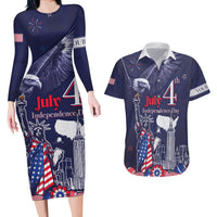 Personalised United States Independence Day Couples Matching Long Sleeve Bodycon Dress and Hawaiian Shirt Freedom 4th Of July Navy Version LT05 - Wonder Print Shop