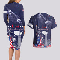 Personalised United States Independence Day Couples Matching Long Sleeve Bodycon Dress and Hawaiian Shirt Freedom 4th Of July Navy Version LT05 - Wonder Print Shop