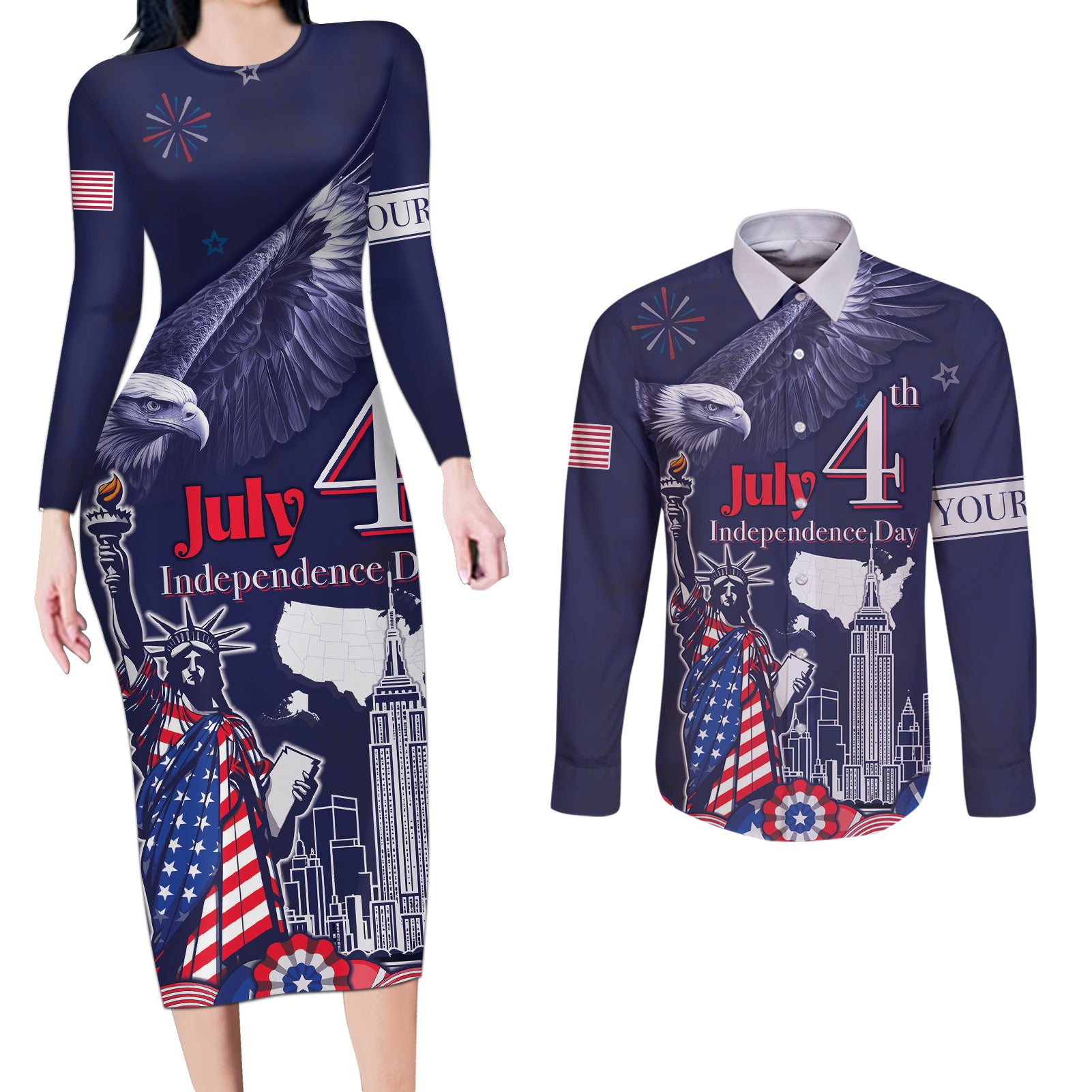 Personalised United States Independence Day Couples Matching Long Sleeve Bodycon Dress and Long Sleeve Button Shirt Freedom 4th Of July Navy Version LT05 - Wonder Print Shop