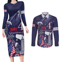 Personalised United States Independence Day Couples Matching Long Sleeve Bodycon Dress and Long Sleeve Button Shirt Freedom 4th Of July Navy Version LT05 - Wonder Print Shop