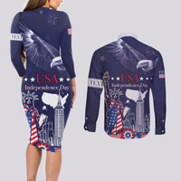 Personalised United States Independence Day Couples Matching Long Sleeve Bodycon Dress and Long Sleeve Button Shirt Freedom 4th Of July Navy Version LT05 - Wonder Print Shop