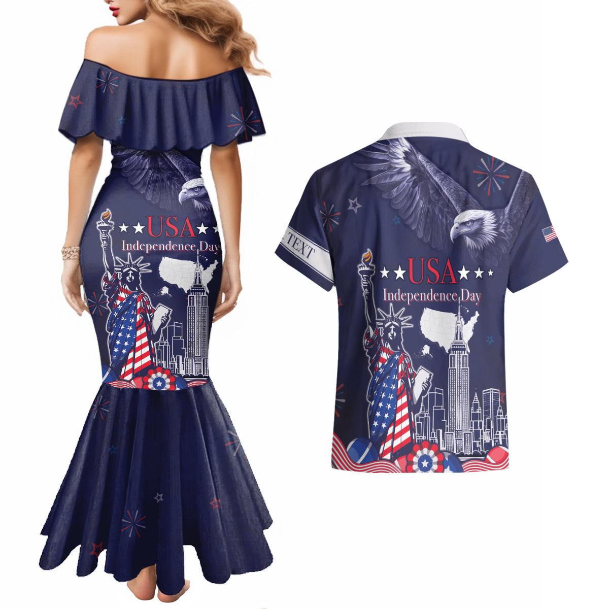 Personalised United States Independence Day Couples Matching Mermaid Dress and Hawaiian Shirt Freedom 4th Of July Navy Version LT05 - Wonder Print Shop