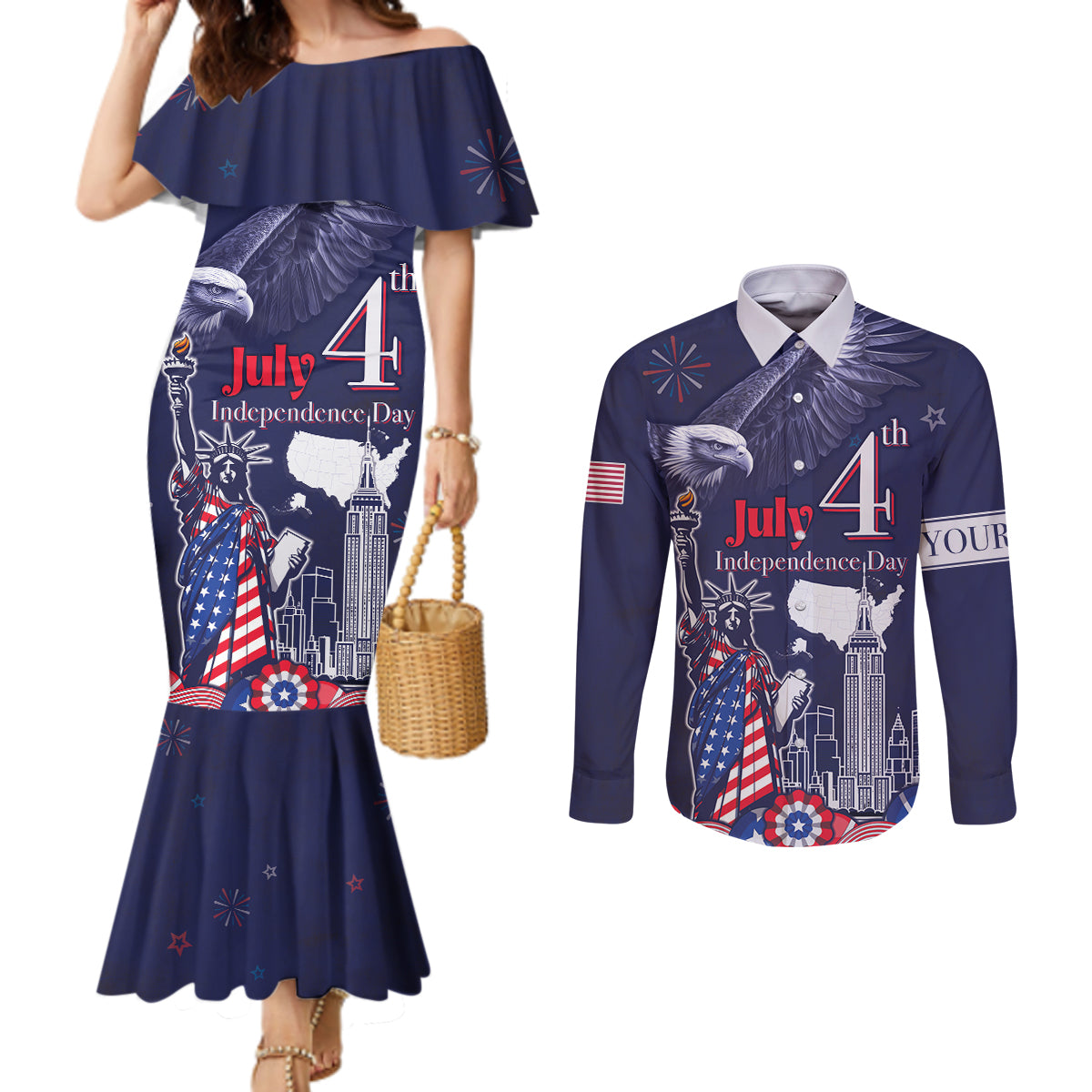 Personalised United States Independence Day Couples Matching Mermaid Dress and Long Sleeve Button Shirt Freedom 4th Of July Navy Version