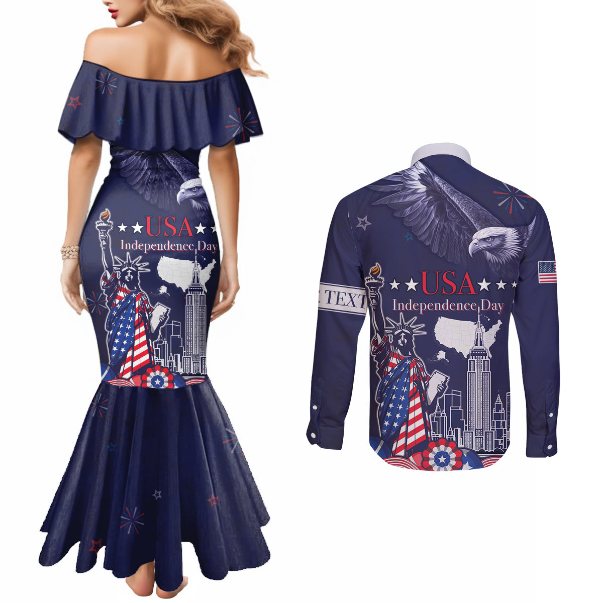 Personalised United States Independence Day Couples Matching Mermaid Dress and Long Sleeve Button Shirt Freedom 4th Of July Navy Version