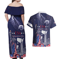 Personalised United States Independence Day Couples Matching Off Shoulder Maxi Dress and Hawaiian Shirt Freedom 4th Of July Navy Version LT05 - Wonder Print Shop