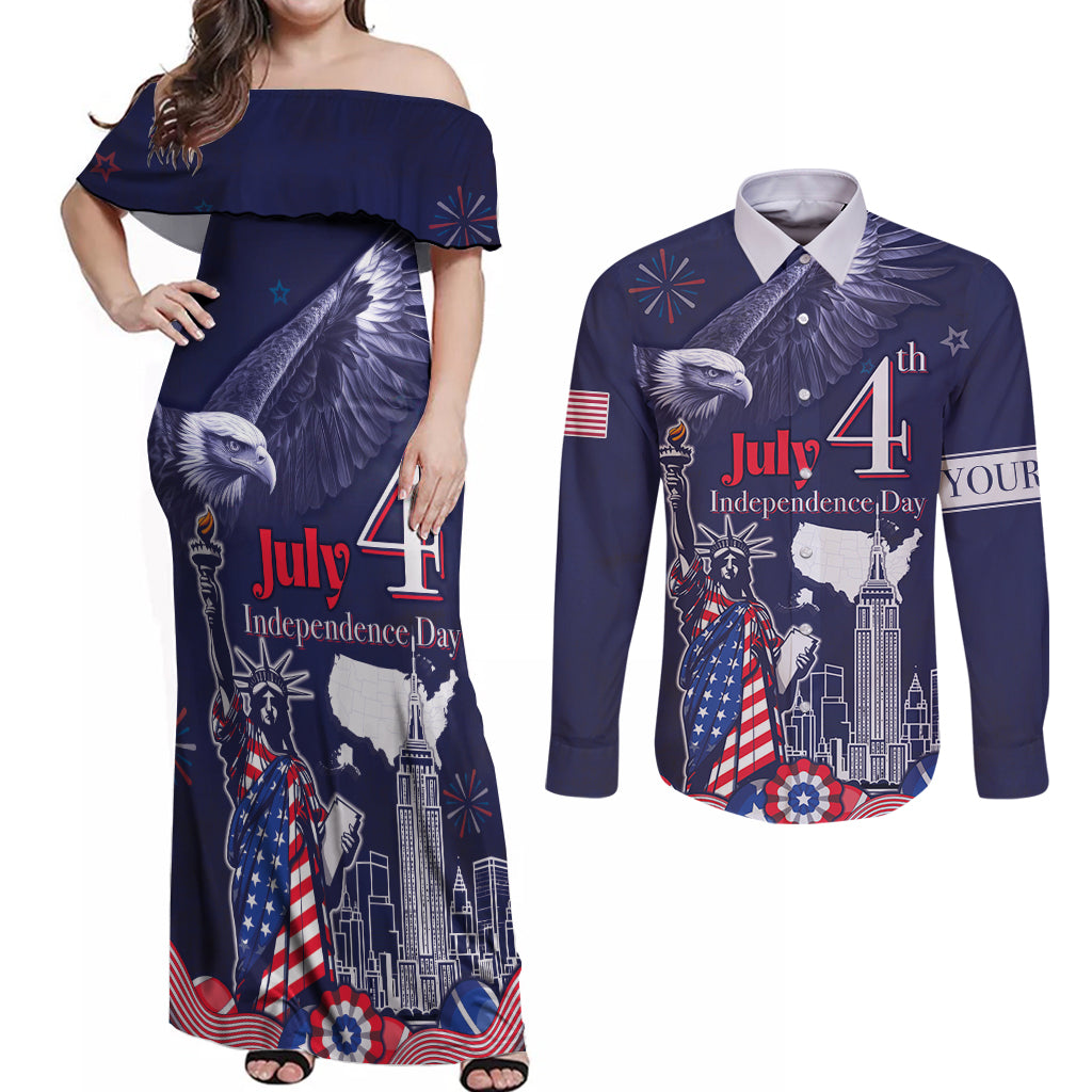 Personalised United States Independence Day Couples Matching Off Shoulder Maxi Dress and Long Sleeve Button Shirt Freedom 4th Of July Navy Version LT05 - Wonder Print Shop
