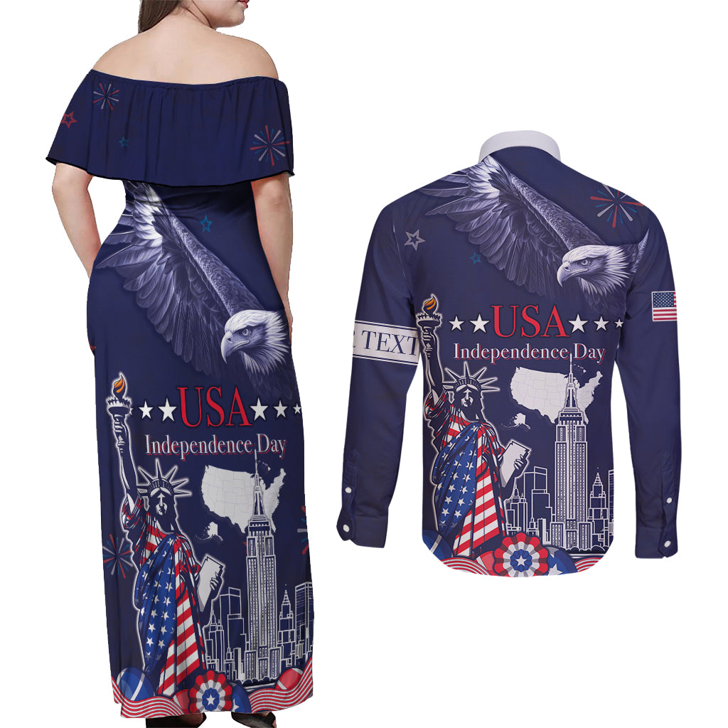 Personalised United States Independence Day Couples Matching Off Shoulder Maxi Dress and Long Sleeve Button Shirt Freedom 4th Of July Navy Version LT05 - Wonder Print Shop