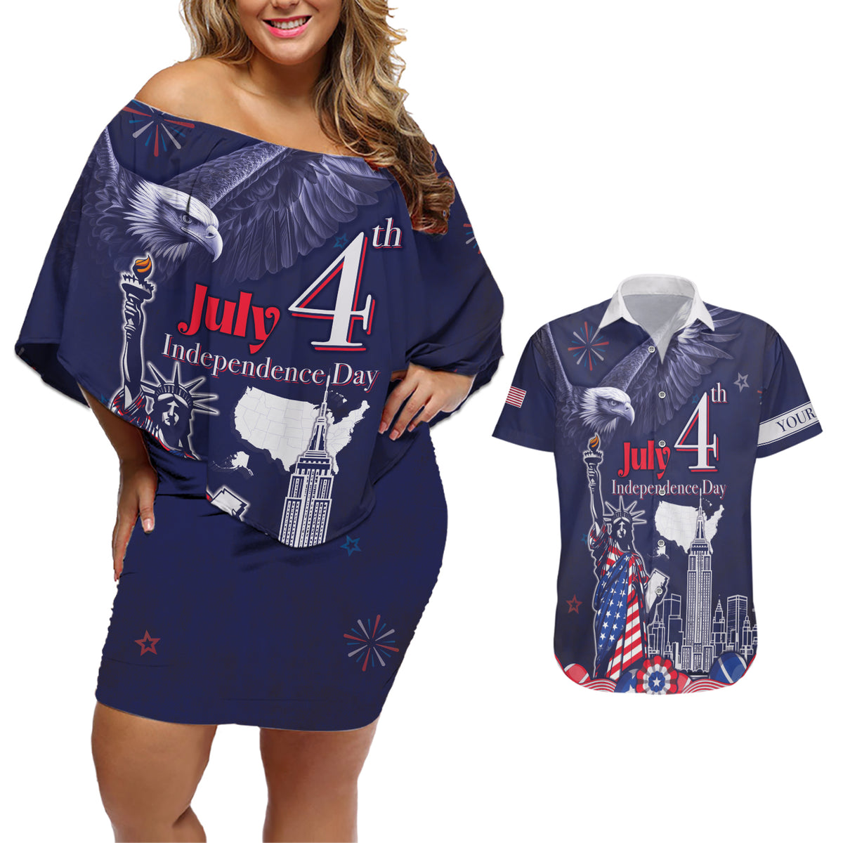 Personalised United States Independence Day Couples Matching Off Shoulder Short Dress and Hawaiian Shirt Freedom 4th Of July Navy Version LT05 - Wonder Print Shop
