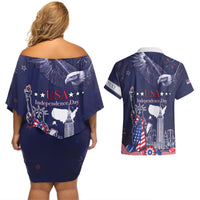 Personalised United States Independence Day Couples Matching Off Shoulder Short Dress and Hawaiian Shirt Freedom 4th Of July Navy Version LT05 - Wonder Print Shop