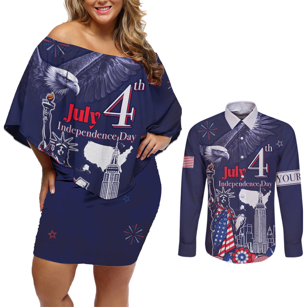 Personalised United States Independence Day Couples Matching Off Shoulder Short Dress and Long Sleeve Button Shirt Freedom 4th Of July Navy Version LT05 - Wonder Print Shop