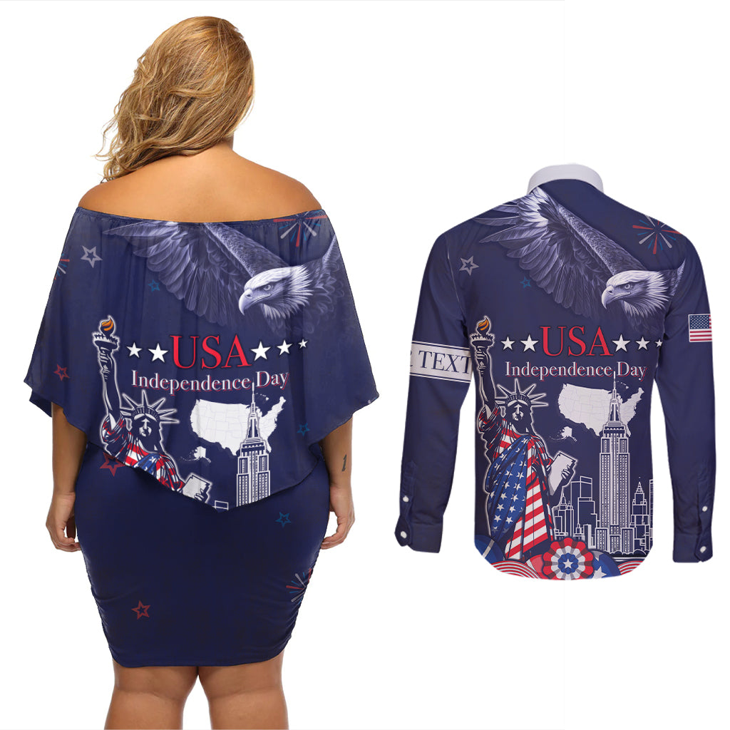 Personalised United States Independence Day Couples Matching Off Shoulder Short Dress and Long Sleeve Button Shirt Freedom 4th Of July Navy Version LT05 - Wonder Print Shop