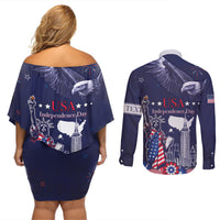 Personalised United States Independence Day Couples Matching Off Shoulder Short Dress and Long Sleeve Button Shirt Freedom 4th Of July Navy Version LT05 - Wonder Print Shop