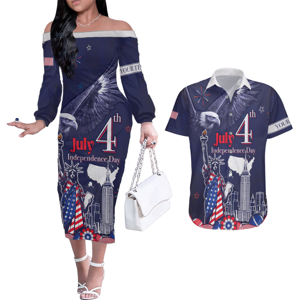 Personalised United States Independence Day Couples Matching Off The Shoulder Long Sleeve Dress and Hawaiian Shirt Freedom 4th Of July Navy Version LT05 - Wonder Print Shop
