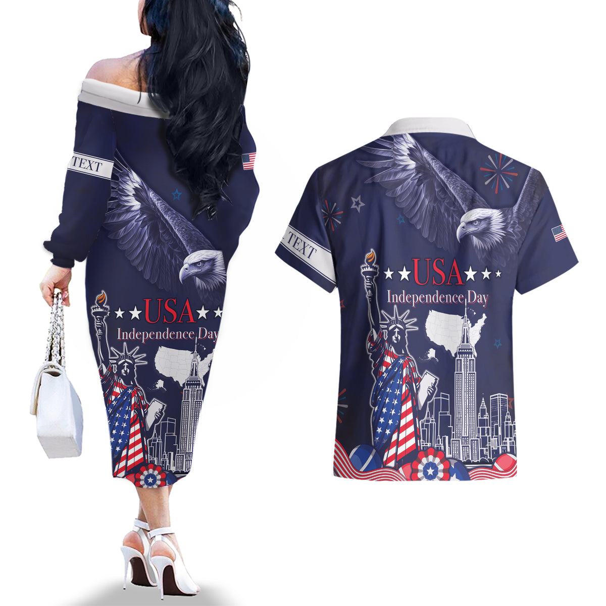 Personalised United States Independence Day Couples Matching Off The Shoulder Long Sleeve Dress and Hawaiian Shirt Freedom 4th Of July Navy Version LT05 - Wonder Print Shop