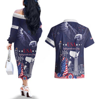Personalised United States Independence Day Couples Matching Off The Shoulder Long Sleeve Dress and Hawaiian Shirt Freedom 4th Of July Navy Version LT05 - Wonder Print Shop
