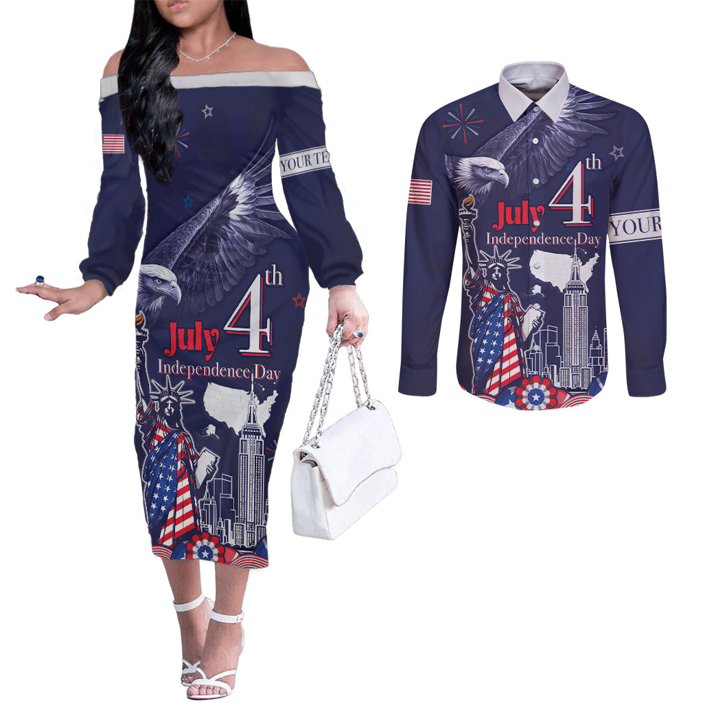 Personalised United States Independence Day Couples Matching Off The Shoulder Long Sleeve Dress and Long Sleeve Button Shirt Freedom 4th Of July Navy Version