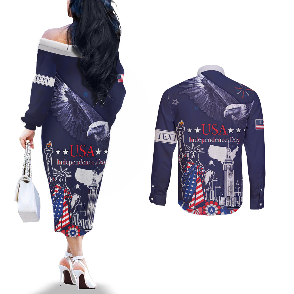 Personalised United States Independence Day Couples Matching Off The Shoulder Long Sleeve Dress and Long Sleeve Button Shirt Freedom 4th Of July Navy Version