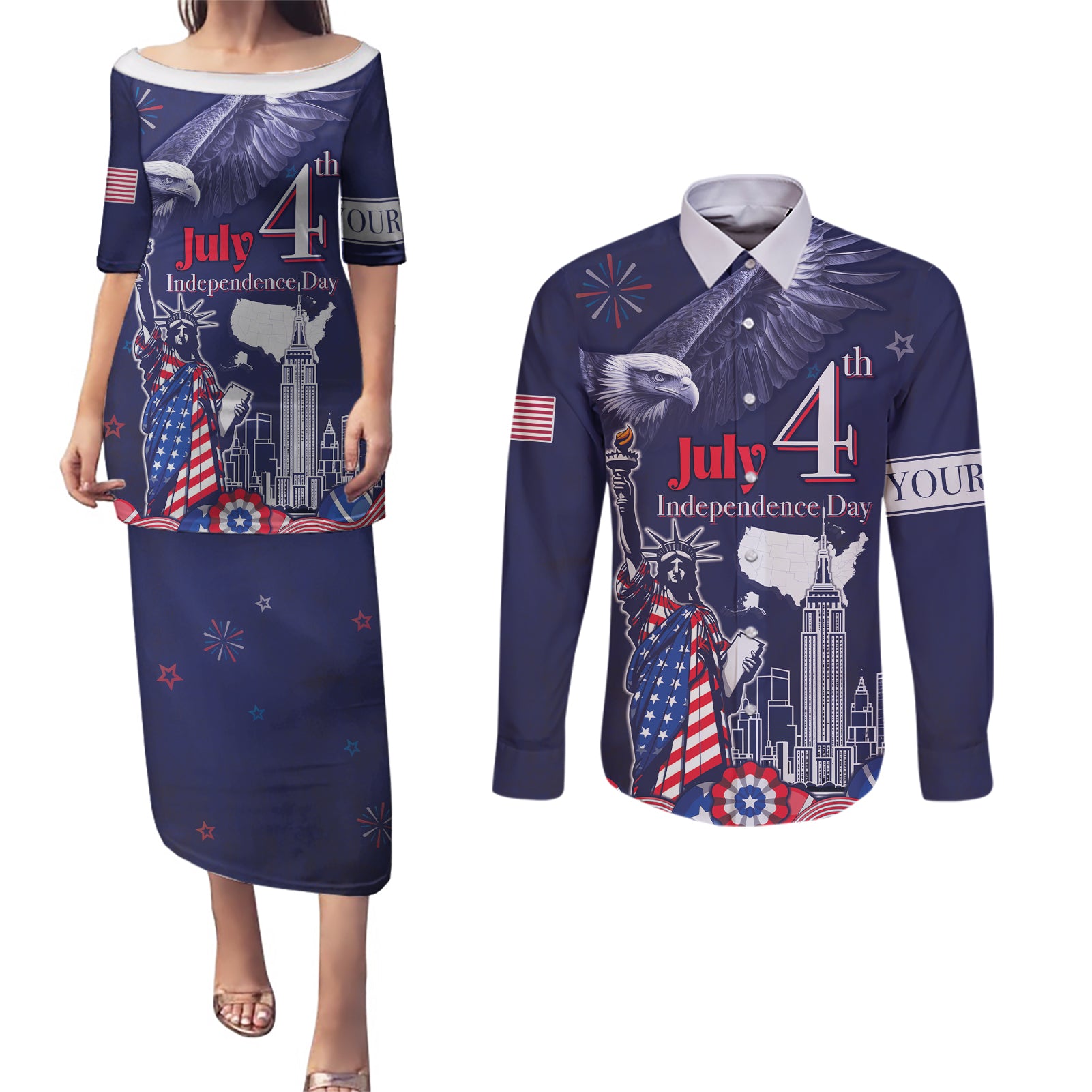 Personalised United States Independence Day Couples Matching Puletasi and Long Sleeve Button Shirt Freedom 4th Of July Navy Version LT05 - Wonder Print Shop