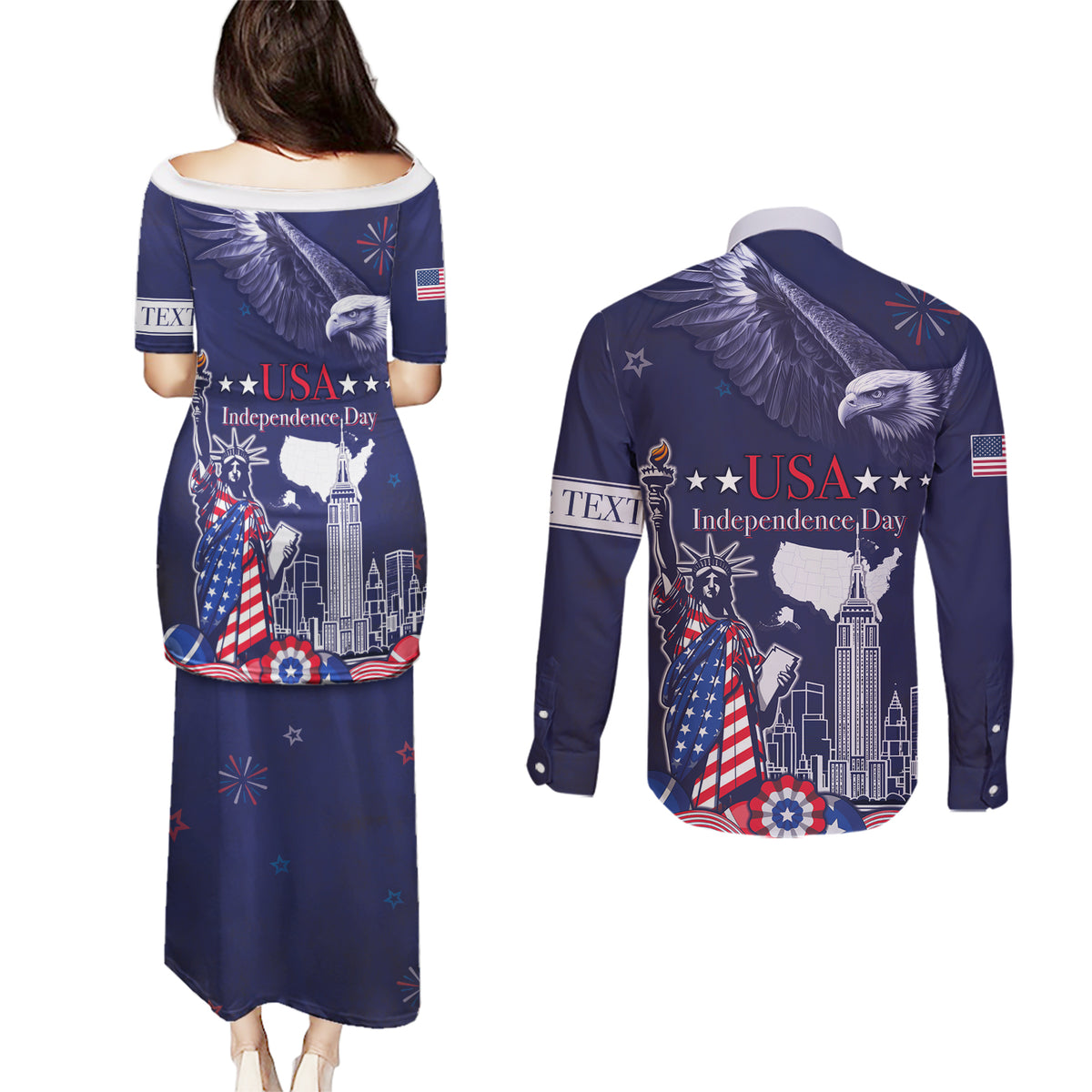 Personalised United States Independence Day Couples Matching Puletasi and Long Sleeve Button Shirt Freedom 4th Of July Navy Version LT05 - Wonder Print Shop