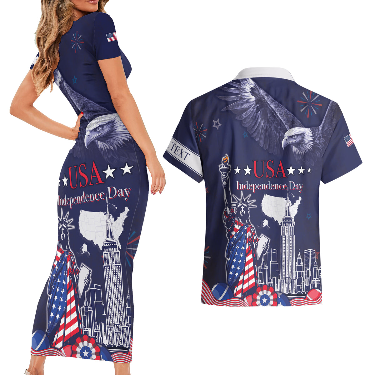 Personalised United States Independence Day Couples Matching Short Sleeve Bodycon Dress and Hawaiian Shirt Freedom 4th Of July Navy Version LT05 - Wonder Print Shop
