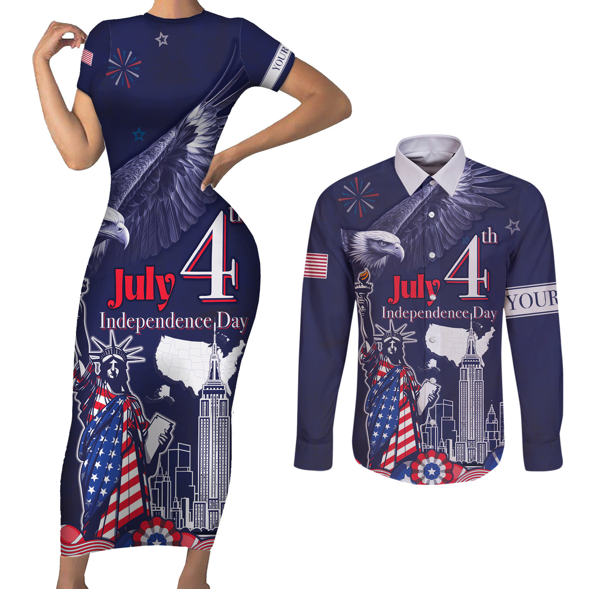 Personalised United States Independence Day Couples Matching Short Sleeve Bodycon Dress and Long Sleeve Button Shirt Freedom 4th Of July Navy Version LT05 - Wonder Print Shop