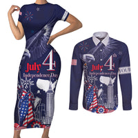 Personalised United States Independence Day Couples Matching Short Sleeve Bodycon Dress and Long Sleeve Button Shirt Freedom 4th Of July Navy Version LT05 - Wonder Print Shop
