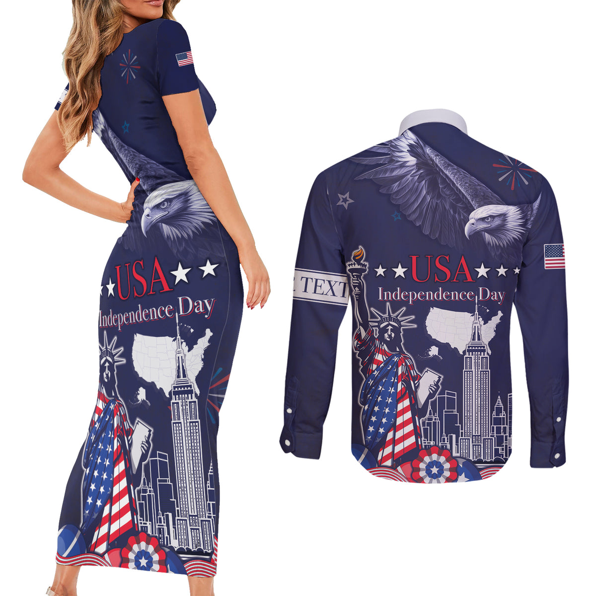 Personalised United States Independence Day Couples Matching Short Sleeve Bodycon Dress and Long Sleeve Button Shirt Freedom 4th Of July Navy Version LT05 - Wonder Print Shop